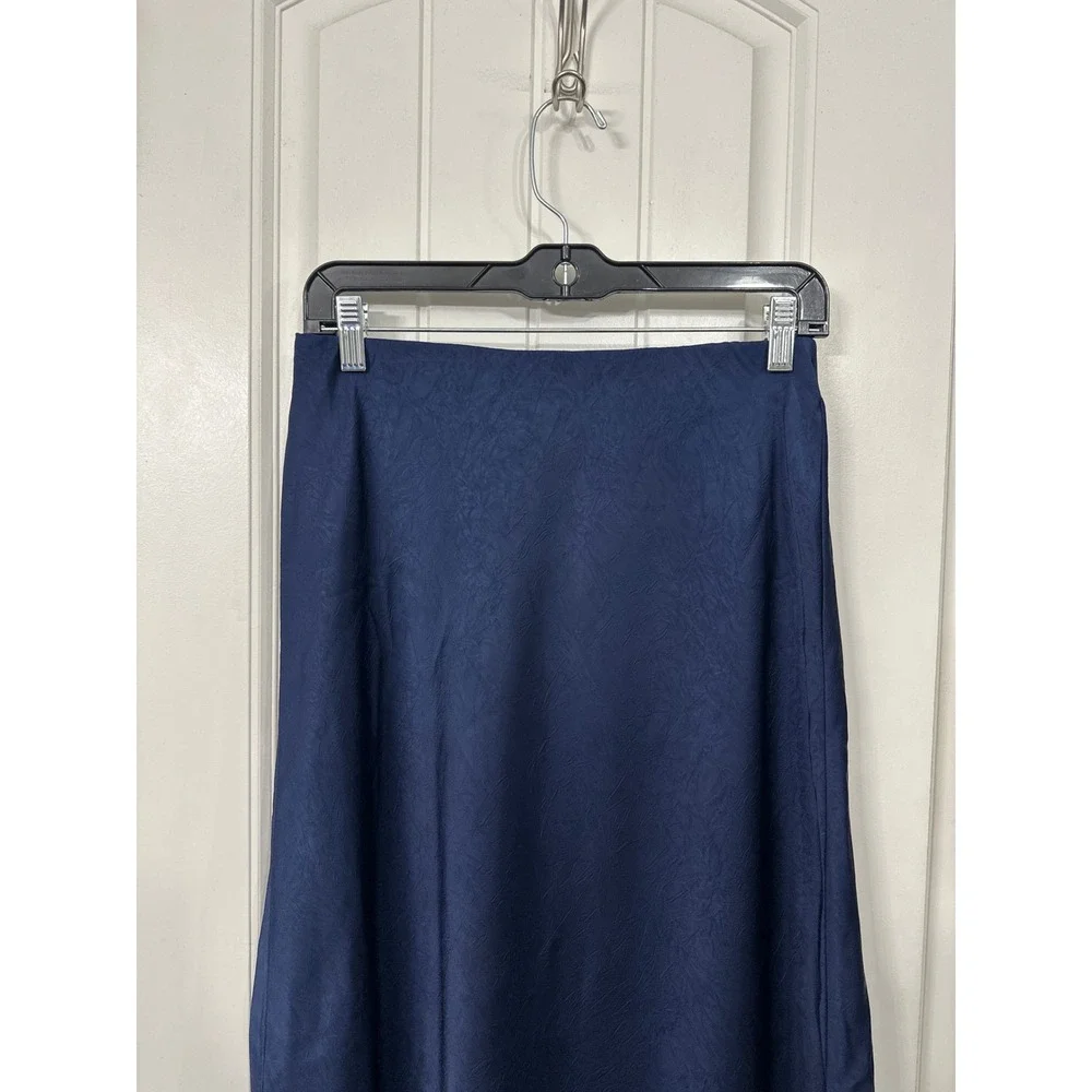 A New Day Navy Blue Jacquard Floral Midi Skirt Black Lace Trim Small